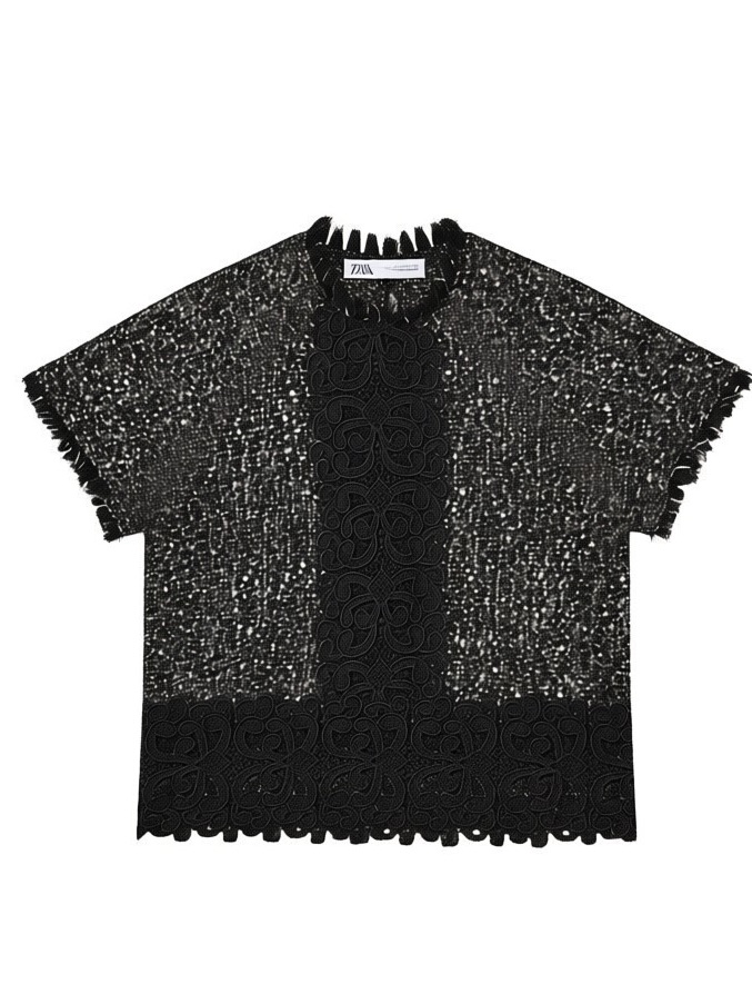 Zara Tweed & Lace Textured Short Sleeve Raw Hem Top Black Size Small